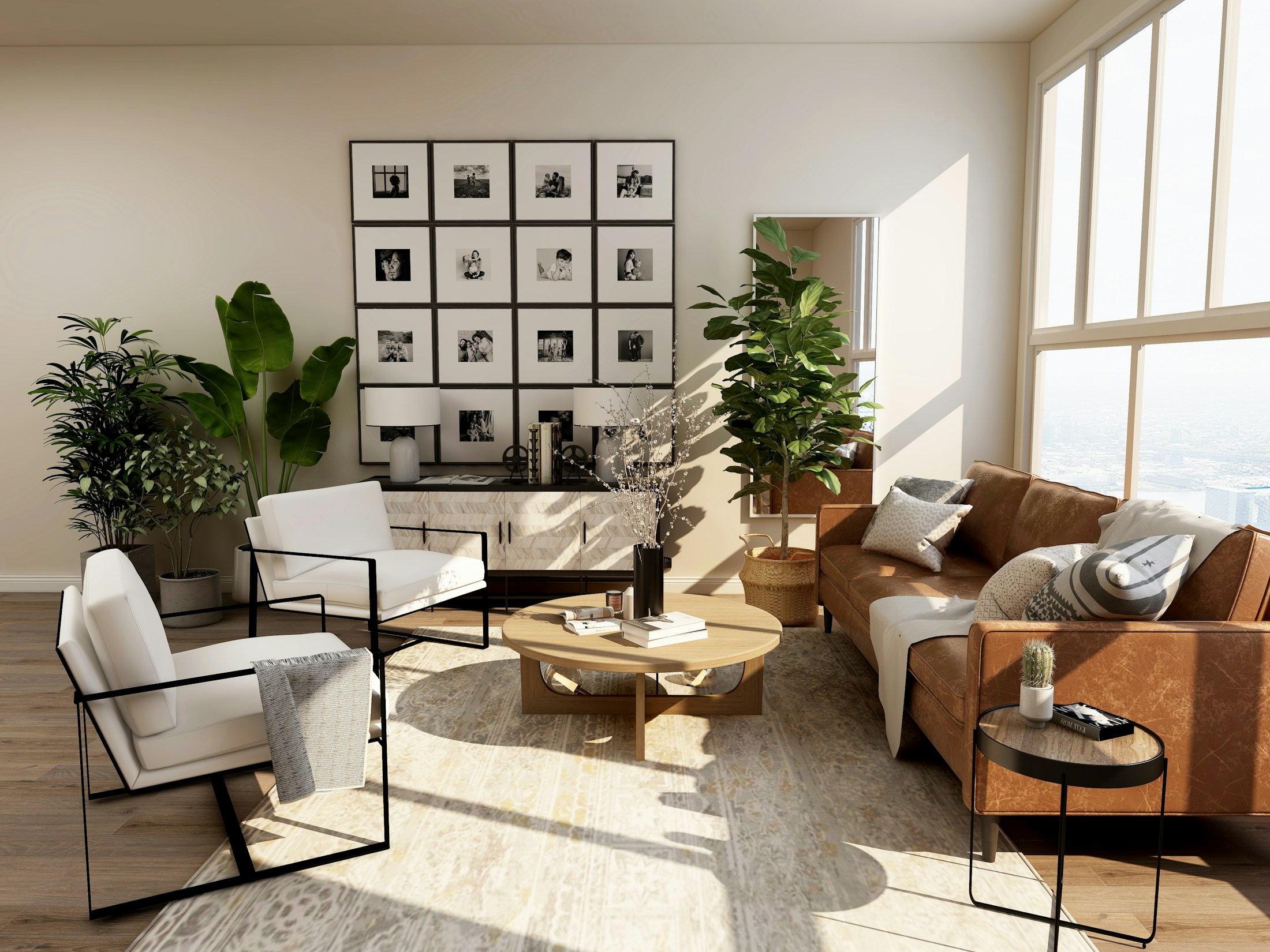 Living room inspiration with warm wood, a leather sofa and sunlit armchairs